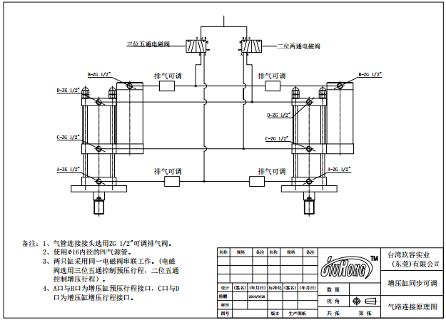 两台气液增压缸同步工作气路连接原理图(增压缸同步可调)