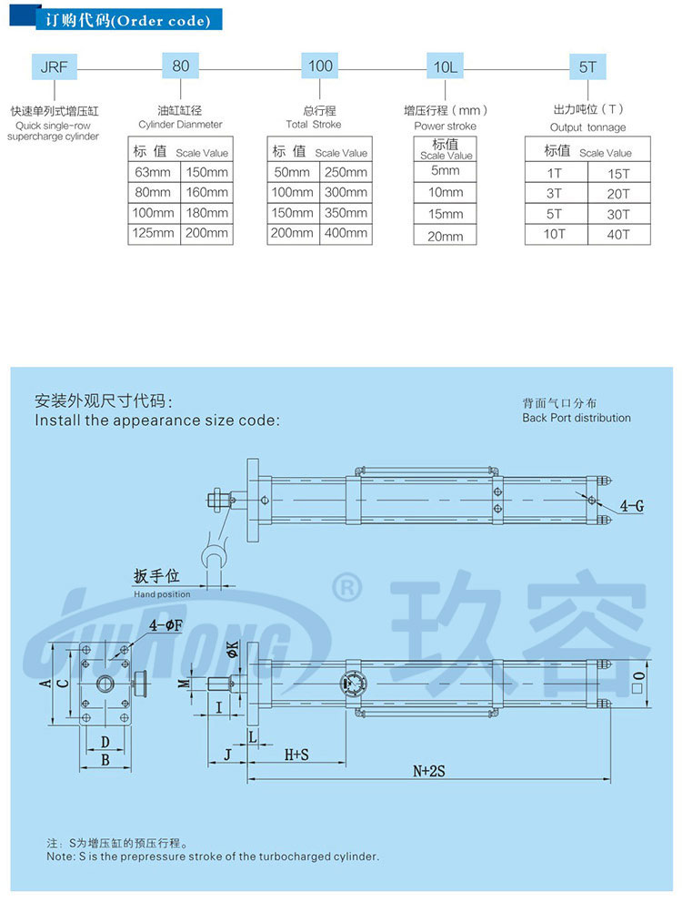 快速单列式气液增压缸订购及尺寸代码说明